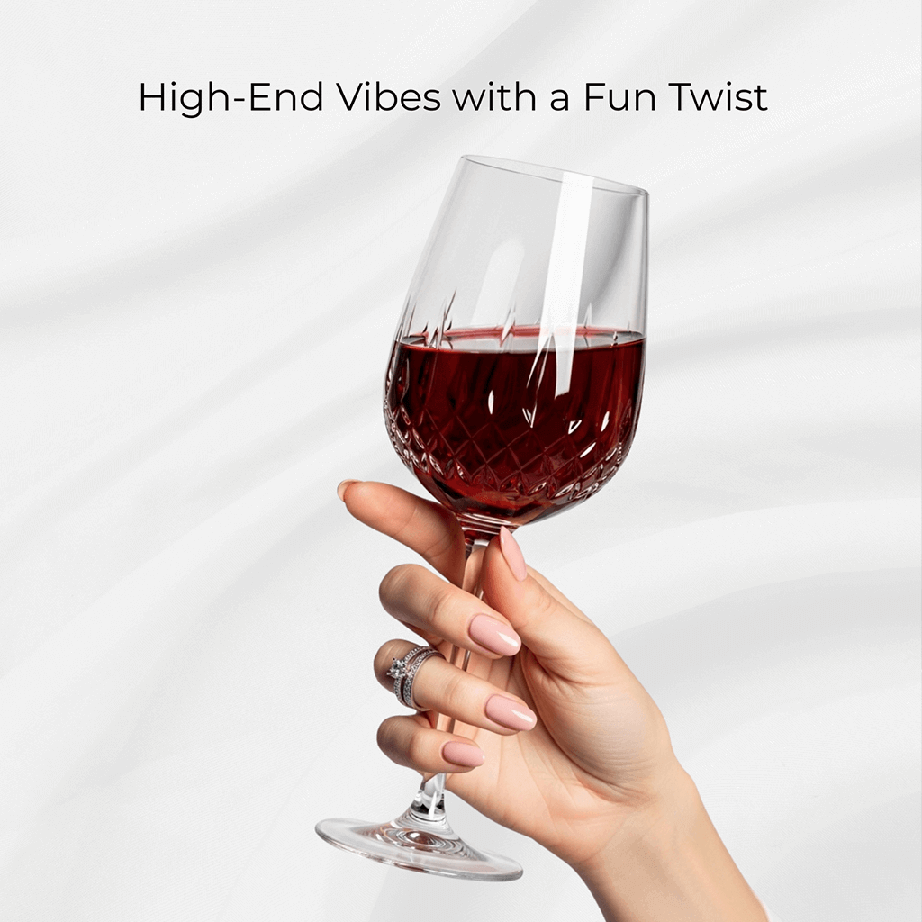 A hand with modern nail design holding a cut-glass wine glass filled with red wine.